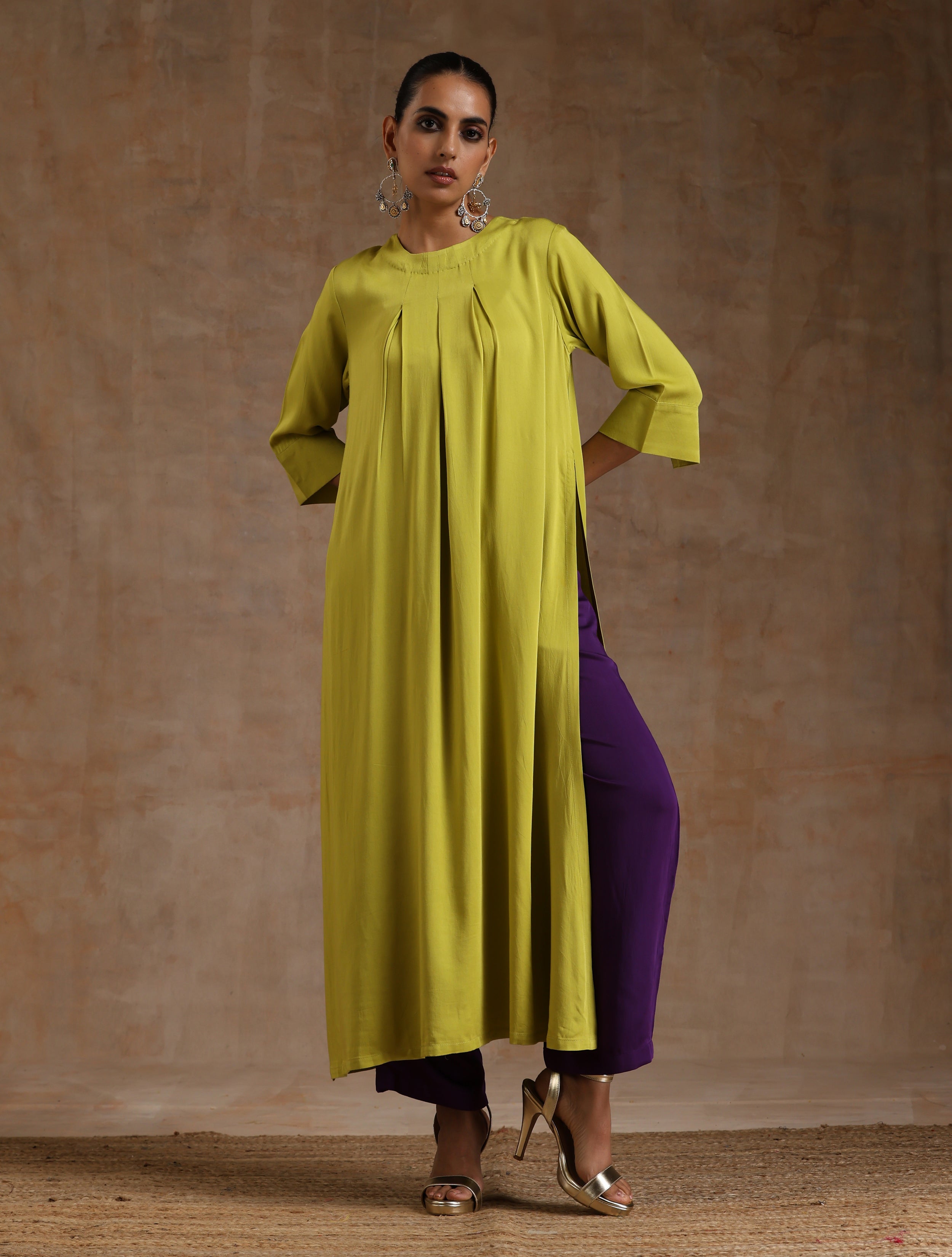 trueBrowns Lime Modal Satin Neck Pleat Kurta Set