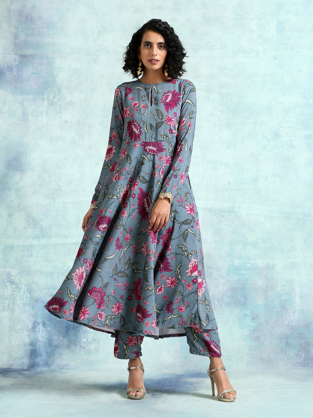 trueBrowns Grey Printed Velvet Anarkali Kurta