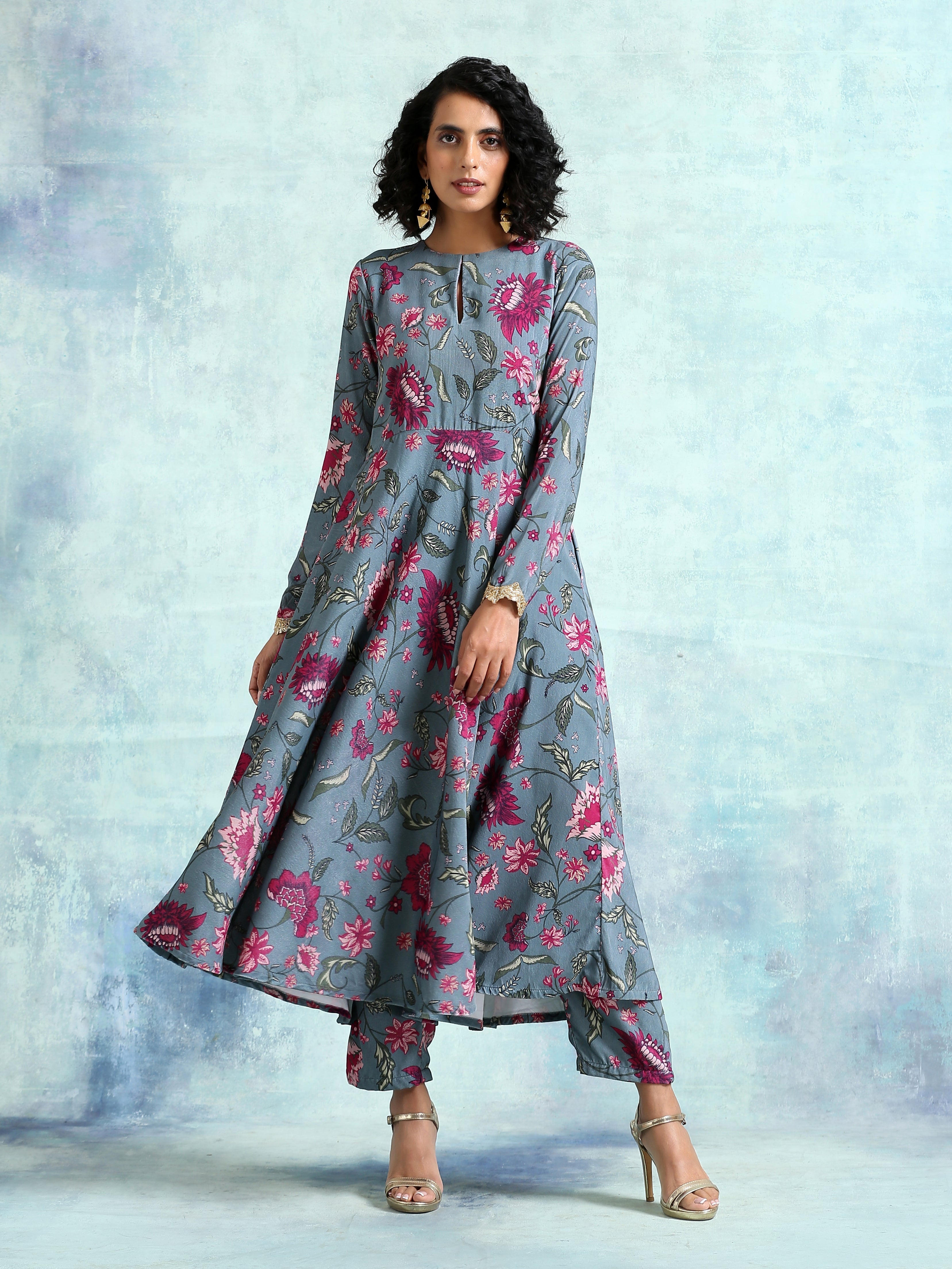 trueBrowns Grey Printed Velvet Anarkali Kurta