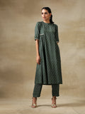 trueBrowns Dark Green Bandhani Printed Silk Side Gathered Kurta Pant Set