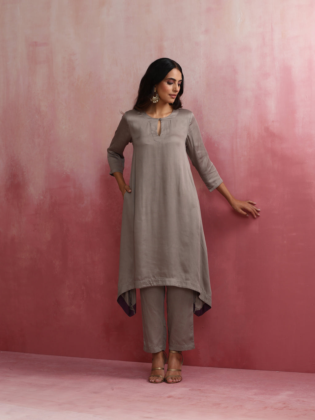trueBrowns Grey High low Kurta Set
