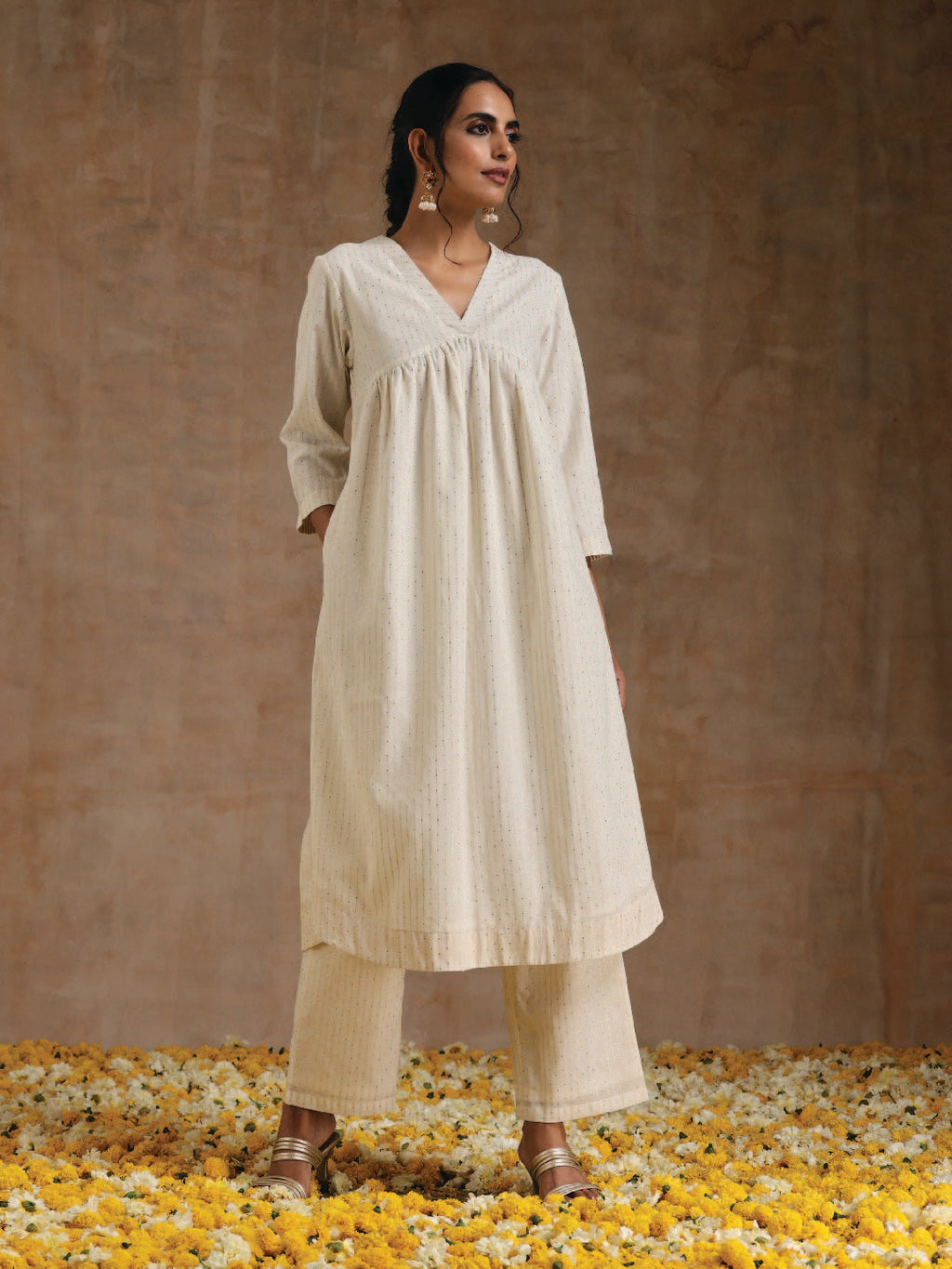 trueBrowns Ivory Gold Cotton Flared Kurta Set