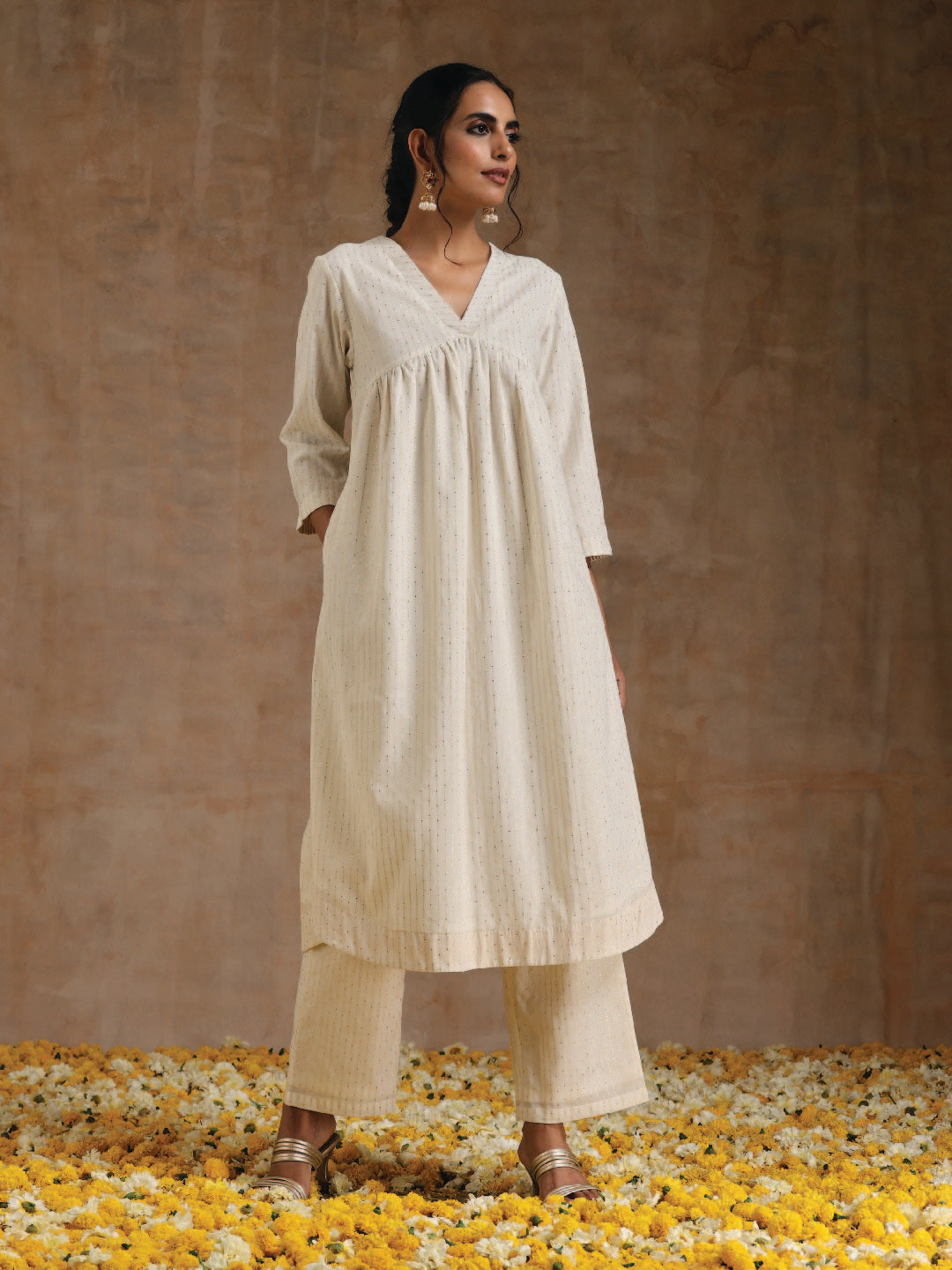 trueBrowns Ivory Gold Cotton Flared Kurta Set