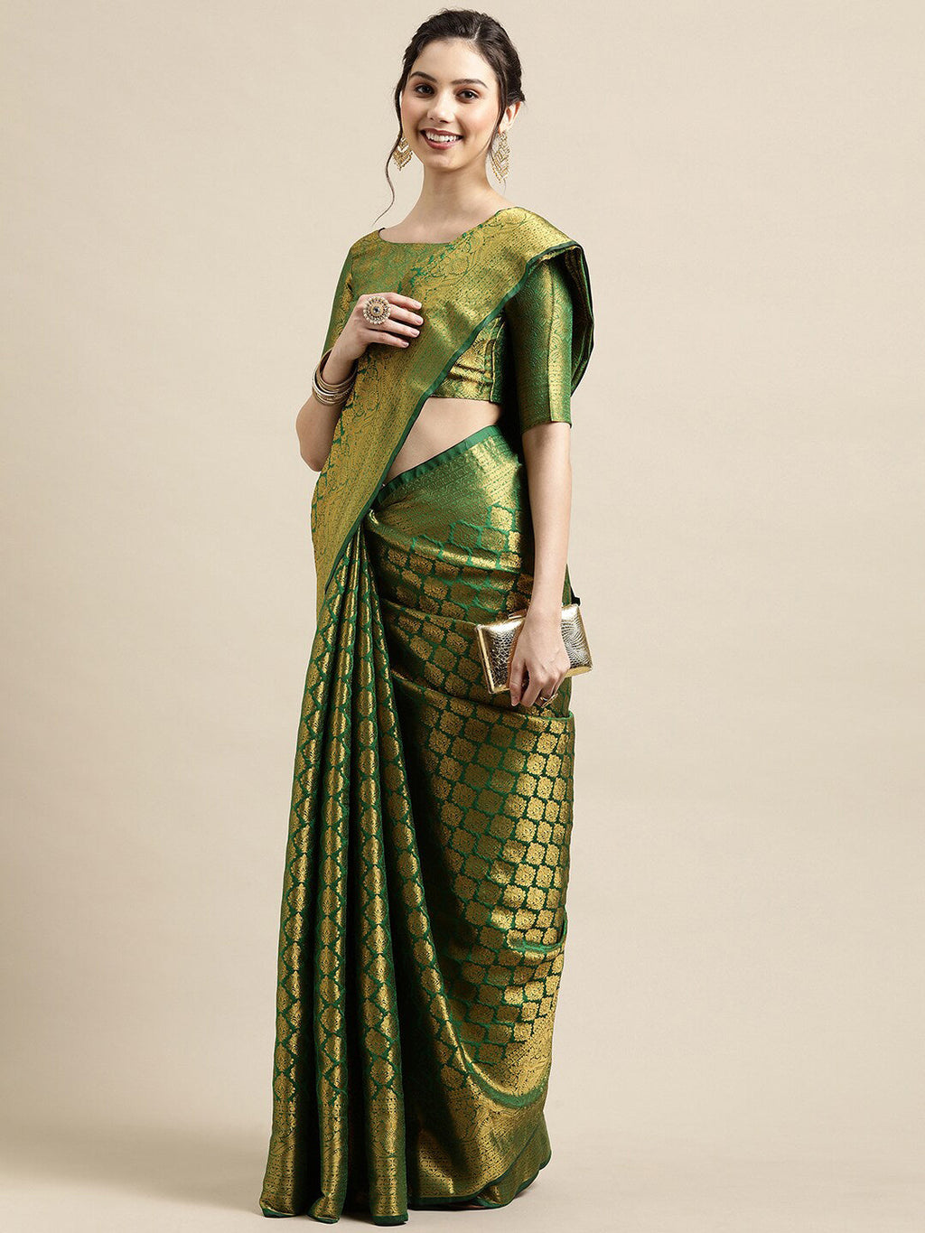 Saree Mall Green & Gold-Toned Woven Design Zari Silk Blend Banarasi Saree