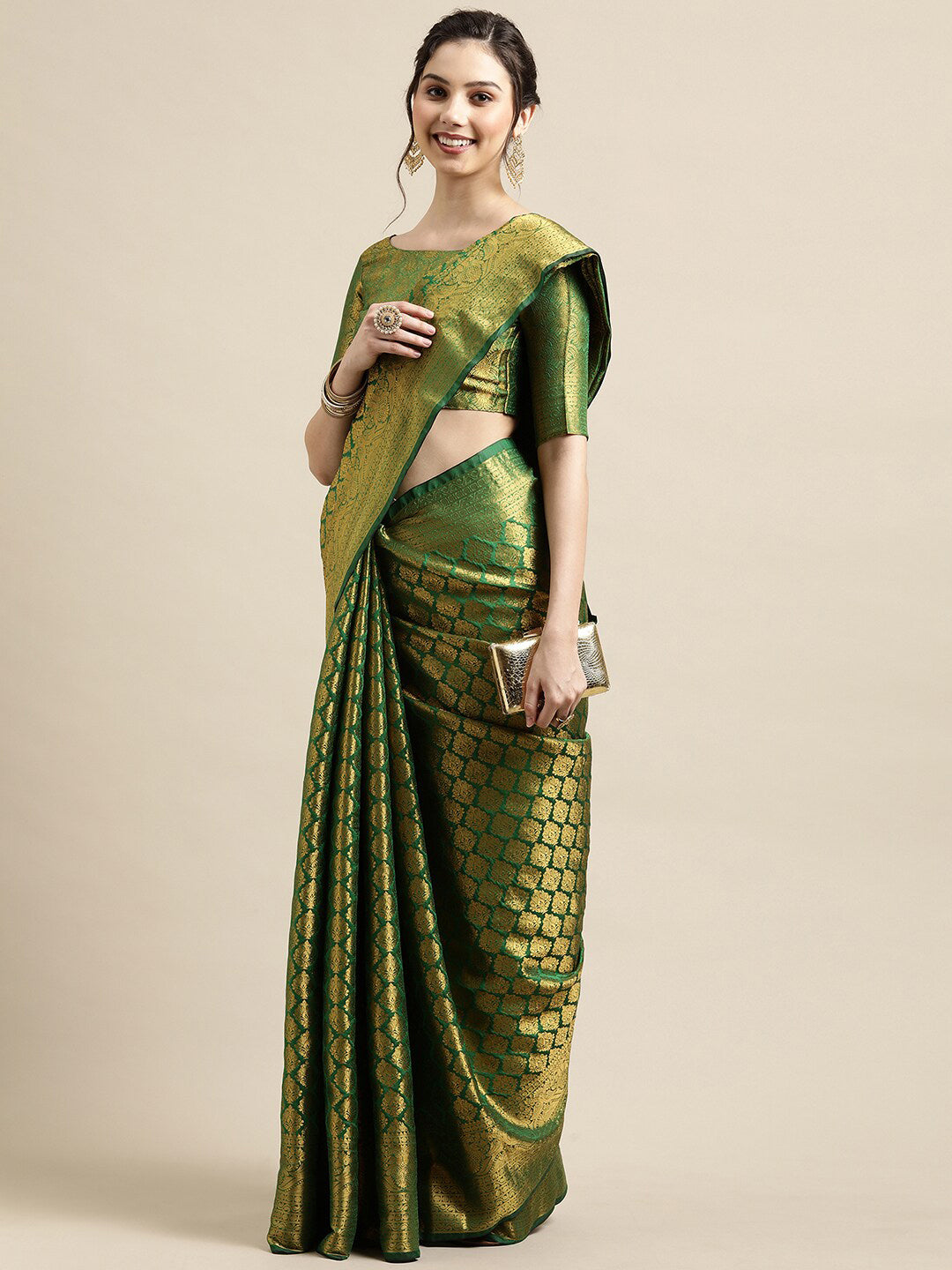 Saree Mall Green & Gold-Toned Woven Design Zari Silk Blend Banarasi Saree