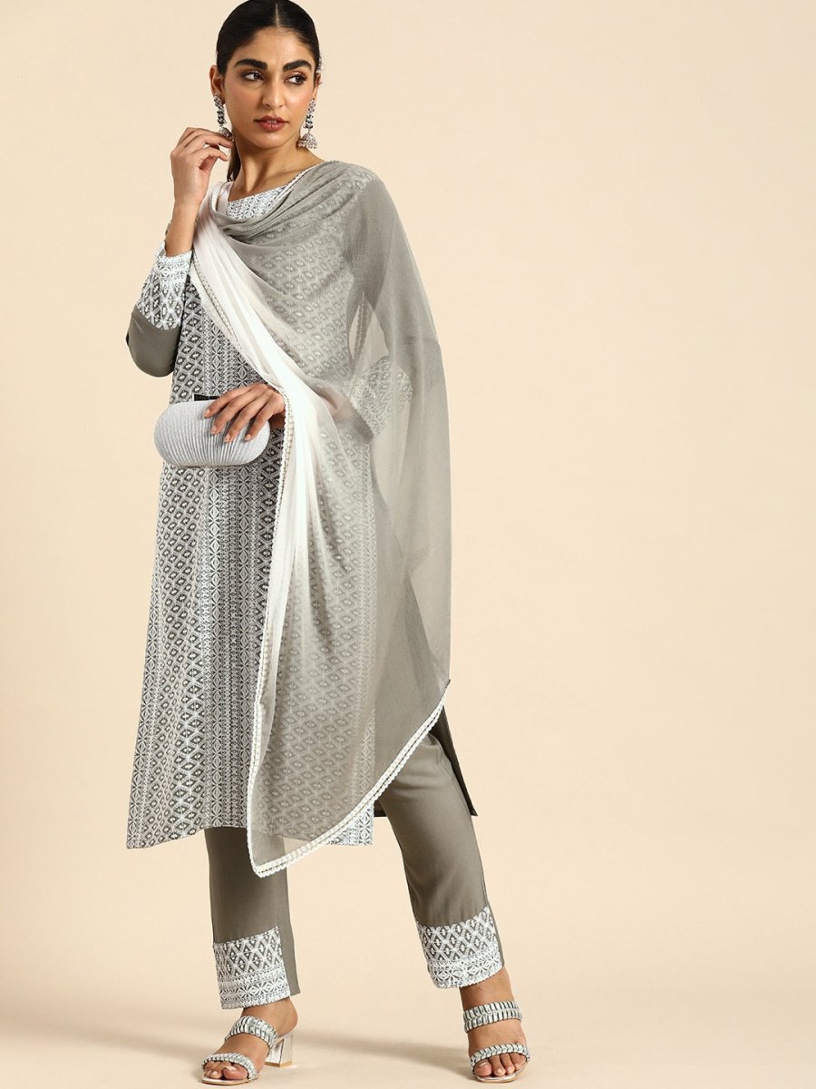 All About You Women Embroidered Chikankari Kurta With Trousers & With Dupatta