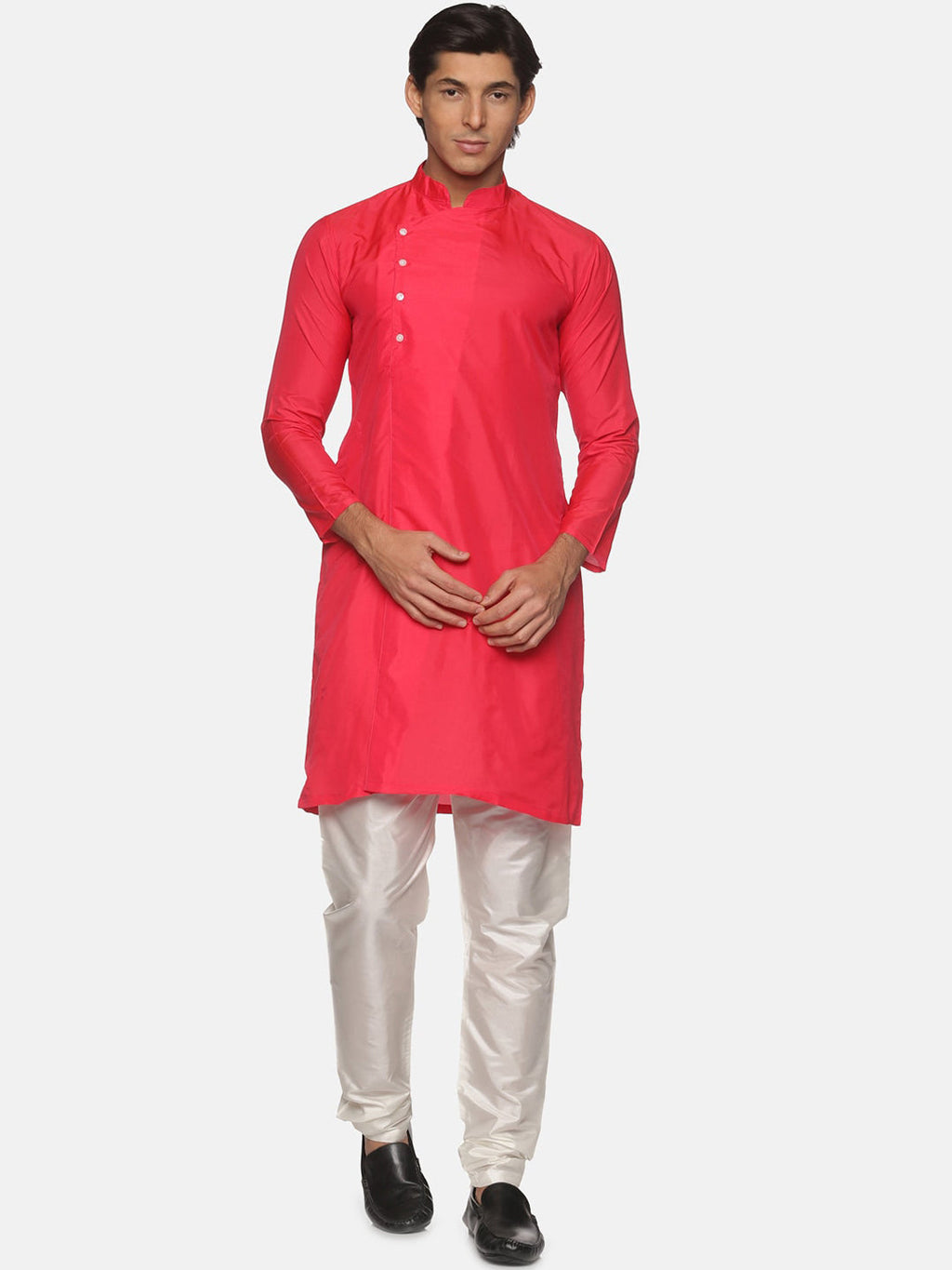 Sethukrishna Men Rose Pink Solid Angrakha Kurta with Pyjamas