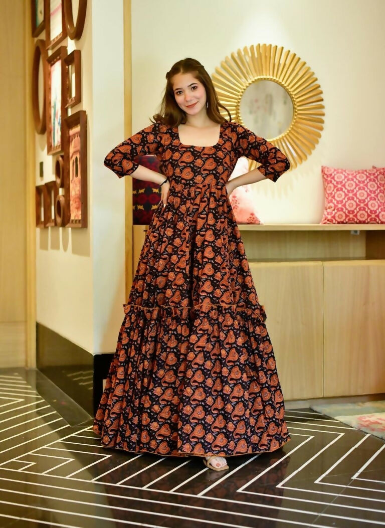 Jyoti Fashion Women's Brown Heavy Digital Printed Cotton Silk Anarkali Dress