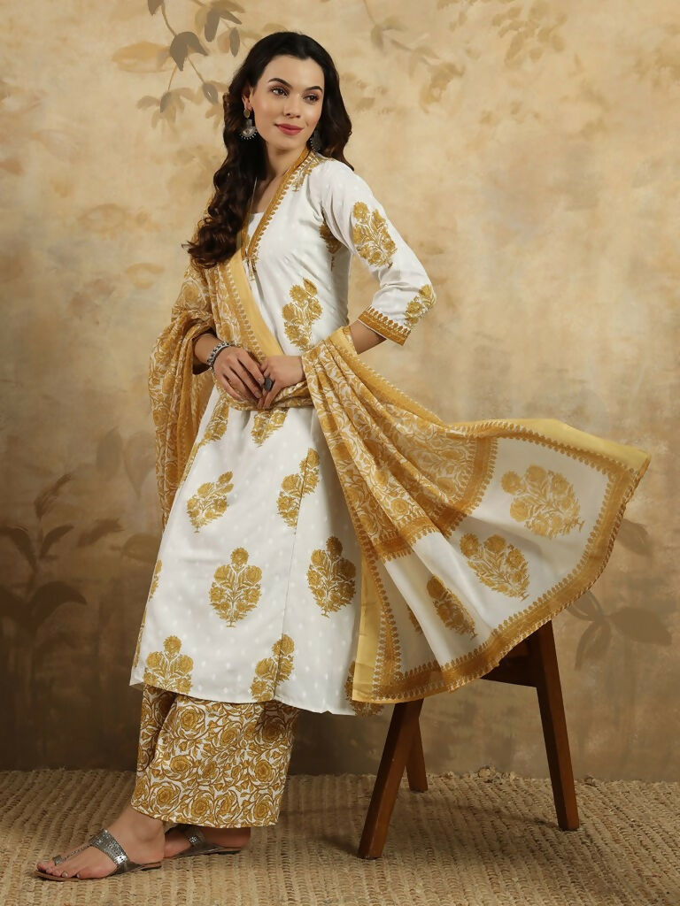 Yellow Cotton Blend Printed Anarkali Suit with Dupatta - Rashmika