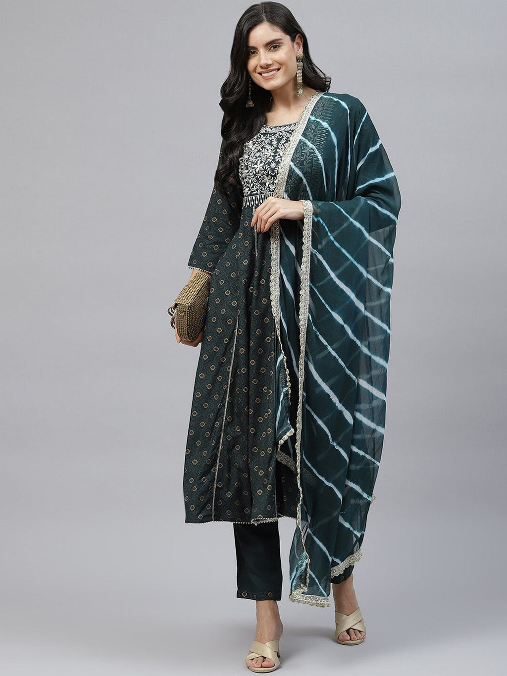 HERE&NOW Women Green Floral Embroidered Empire Kurta with Trousers & With Dupatta