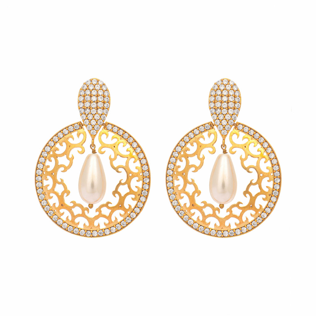 Nuyug 22K Gold Plated Cubic Zirconia Studded Contemporary Moon Shaped Pearl Drop Chandbalis