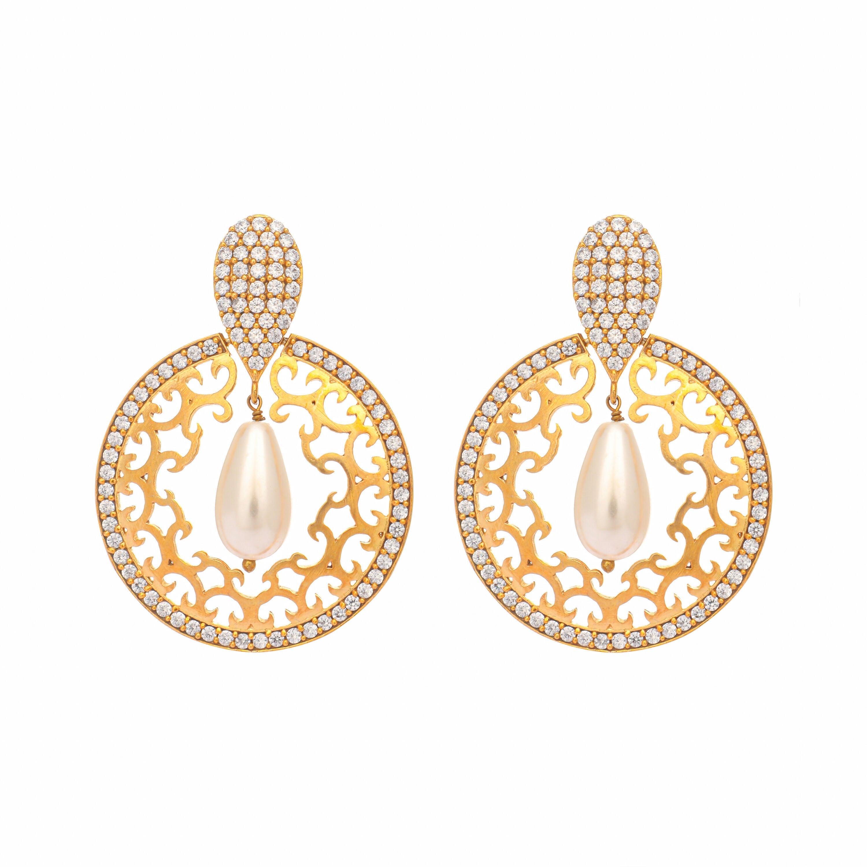 Nuyug 22K Gold Plated Cubic Zirconia Studded Contemporary Moon Shaped Pearl Drop Chandbalis