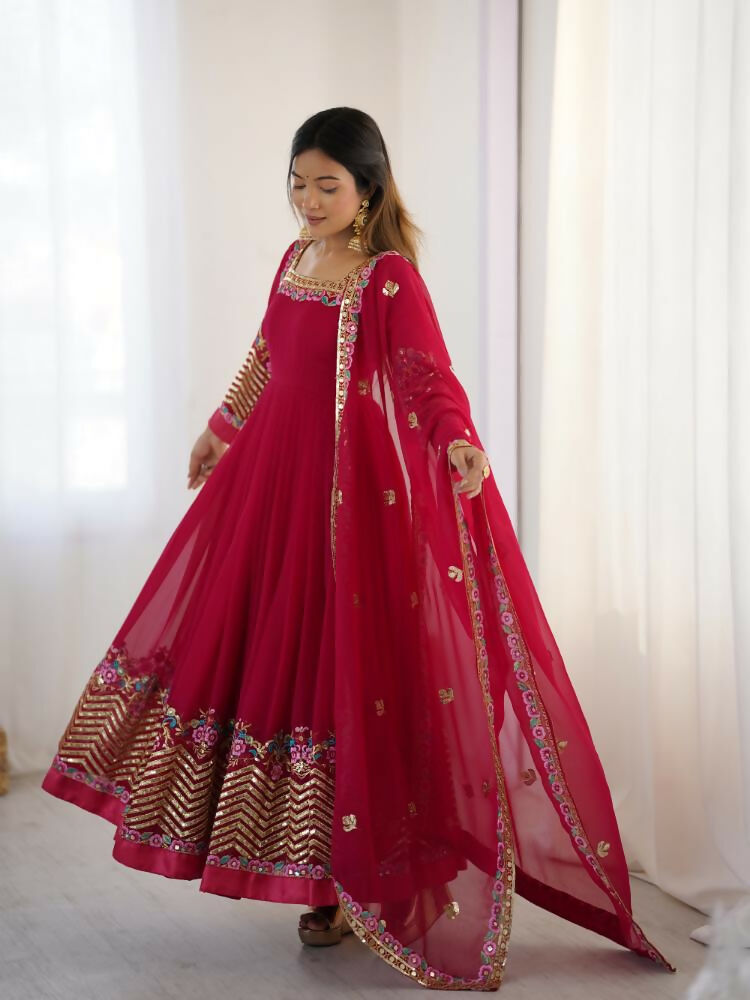 Joban Fashion Red Georgette Sequence Embroidery Work Readymade Kurta Set