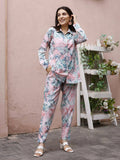 Blue & Pink Rayon Floral Printed Top with Matching Bottom - Eesha