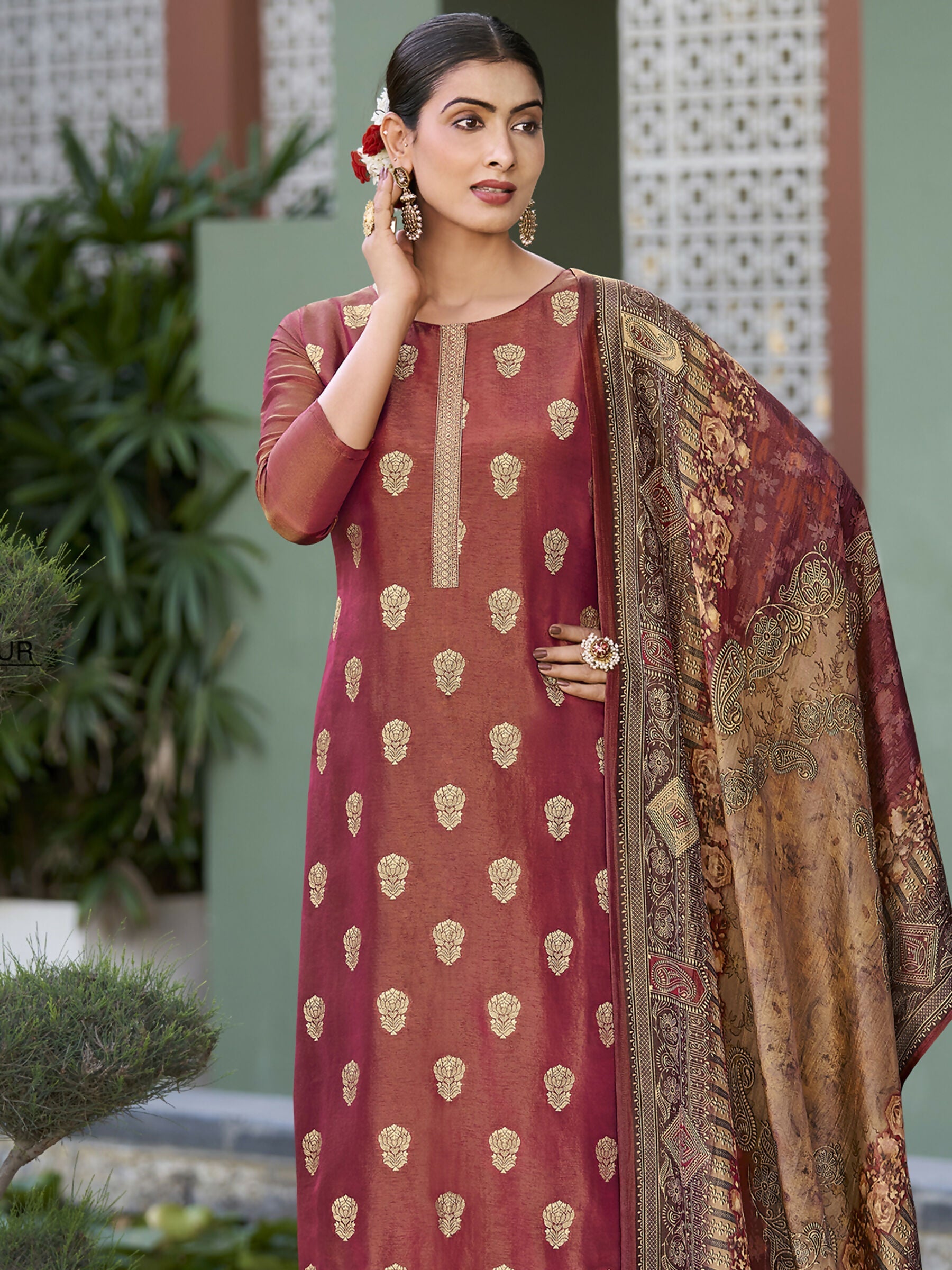 Jyoti Fashion Women's Maroon Pure Silk Elegant Jacquard Woven Kurta with Trouser & Dupatta
