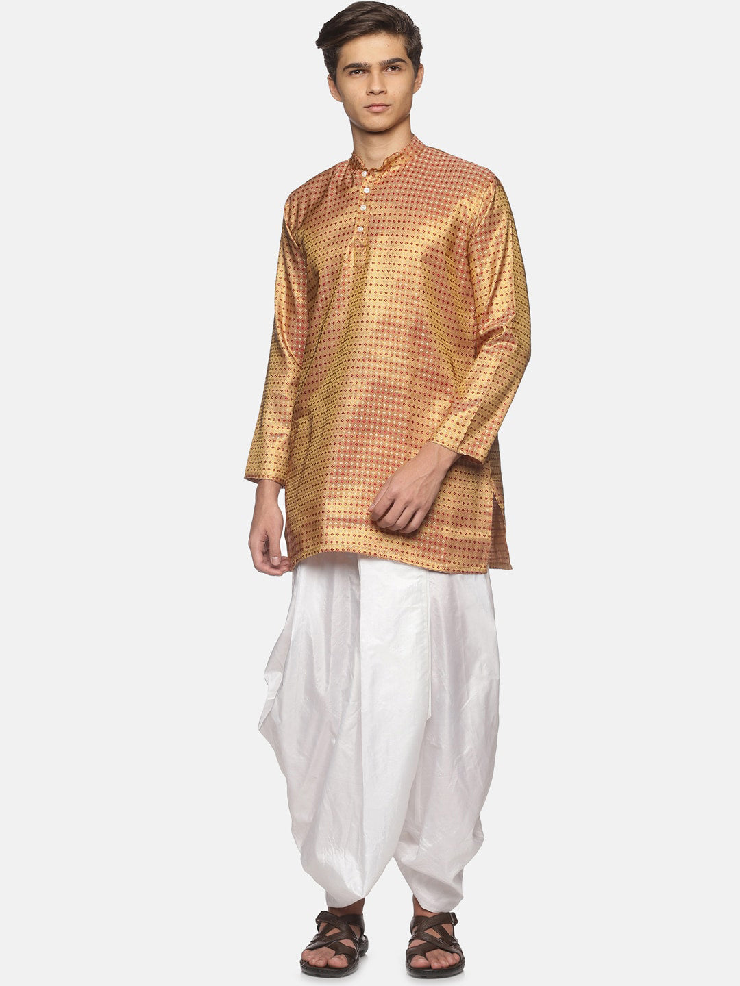 Sethukrishna Men Art Silk Golden & Red Kurta with Dhoti Pants