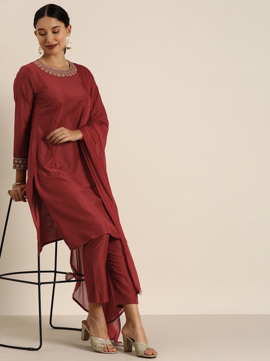 All About You Women Maroon & Golden Satin Finish Kurta with Trousers & With Dupatta