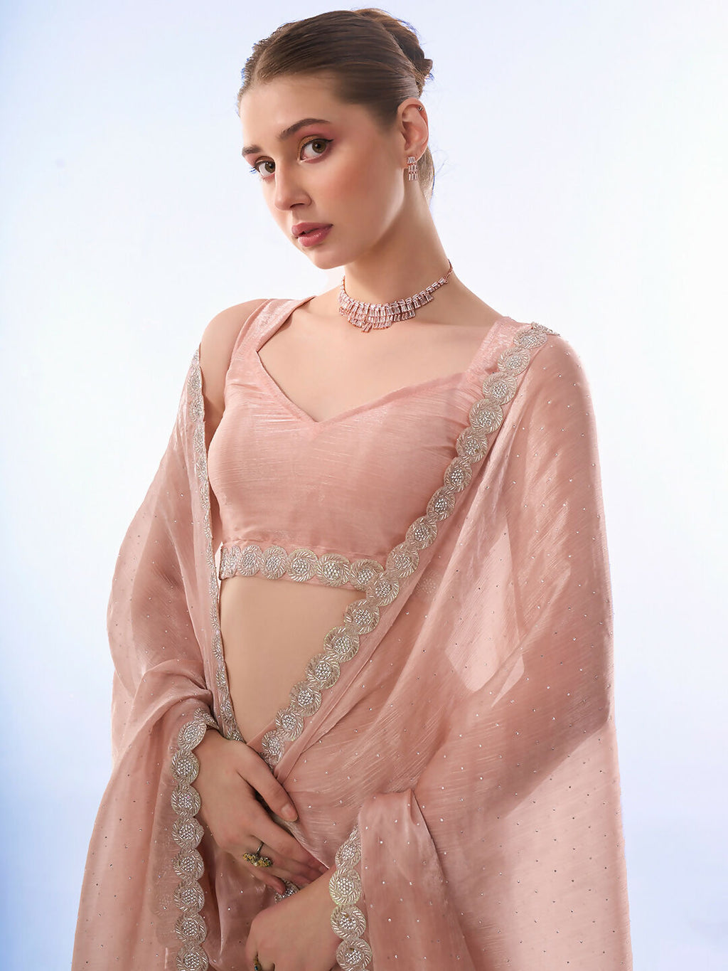 Peach Burburry Designer Work Lace Border & Swarovski Work Saree - Orchid