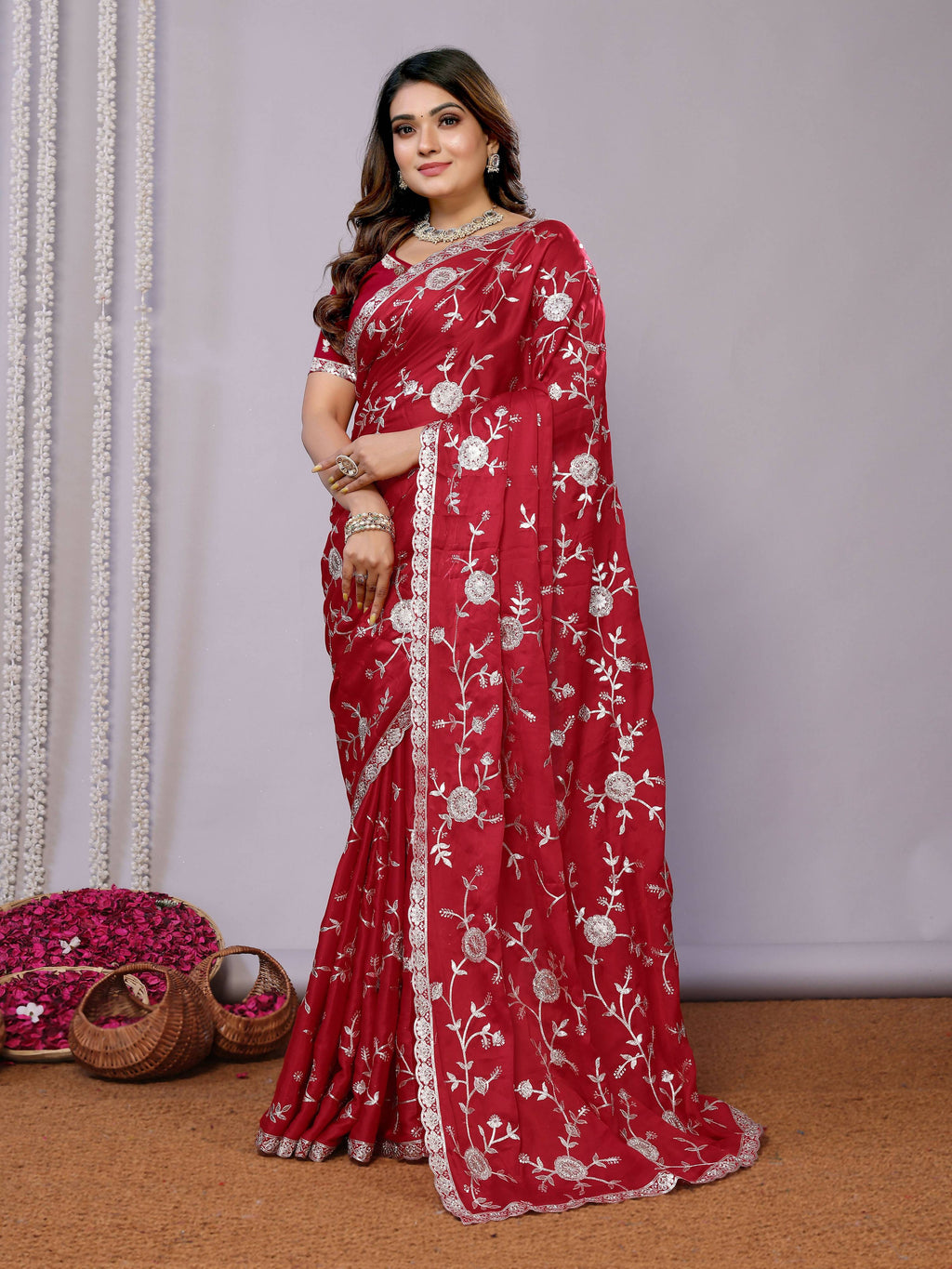 Red Pure Satin Embroidered Saree With Stitched Blouse - Nimaya Kaksha