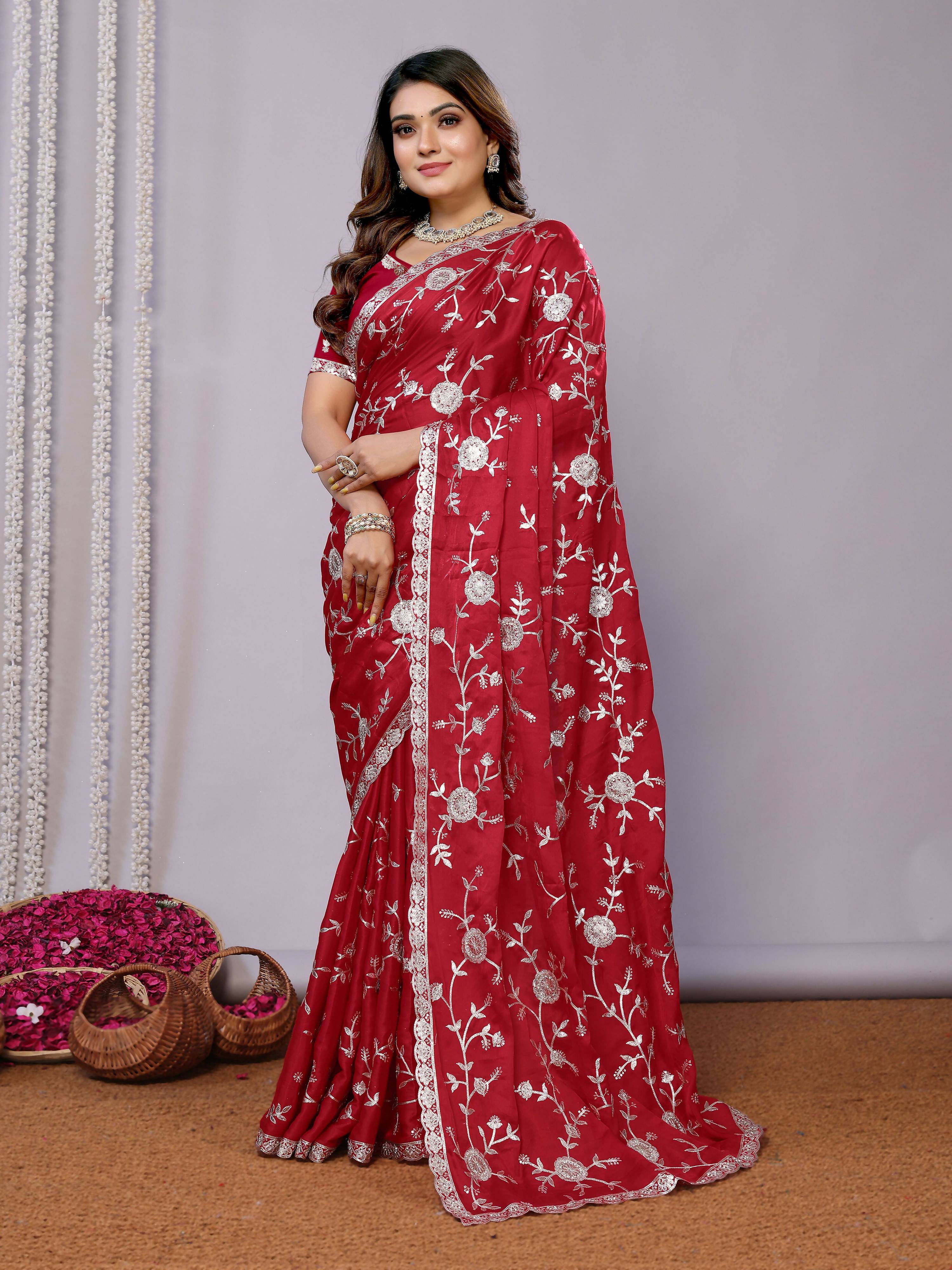 Red Pure Satin Embroidered Saree With Stitched Blouse - Nimaya Kaksha