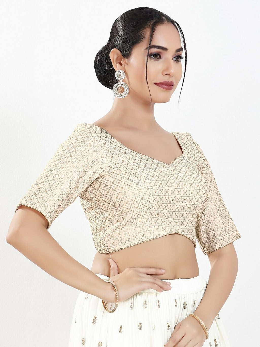 Joban Fashion Off White Silk Padded Blouse With Sweetheart Neck Elbow Sleeves