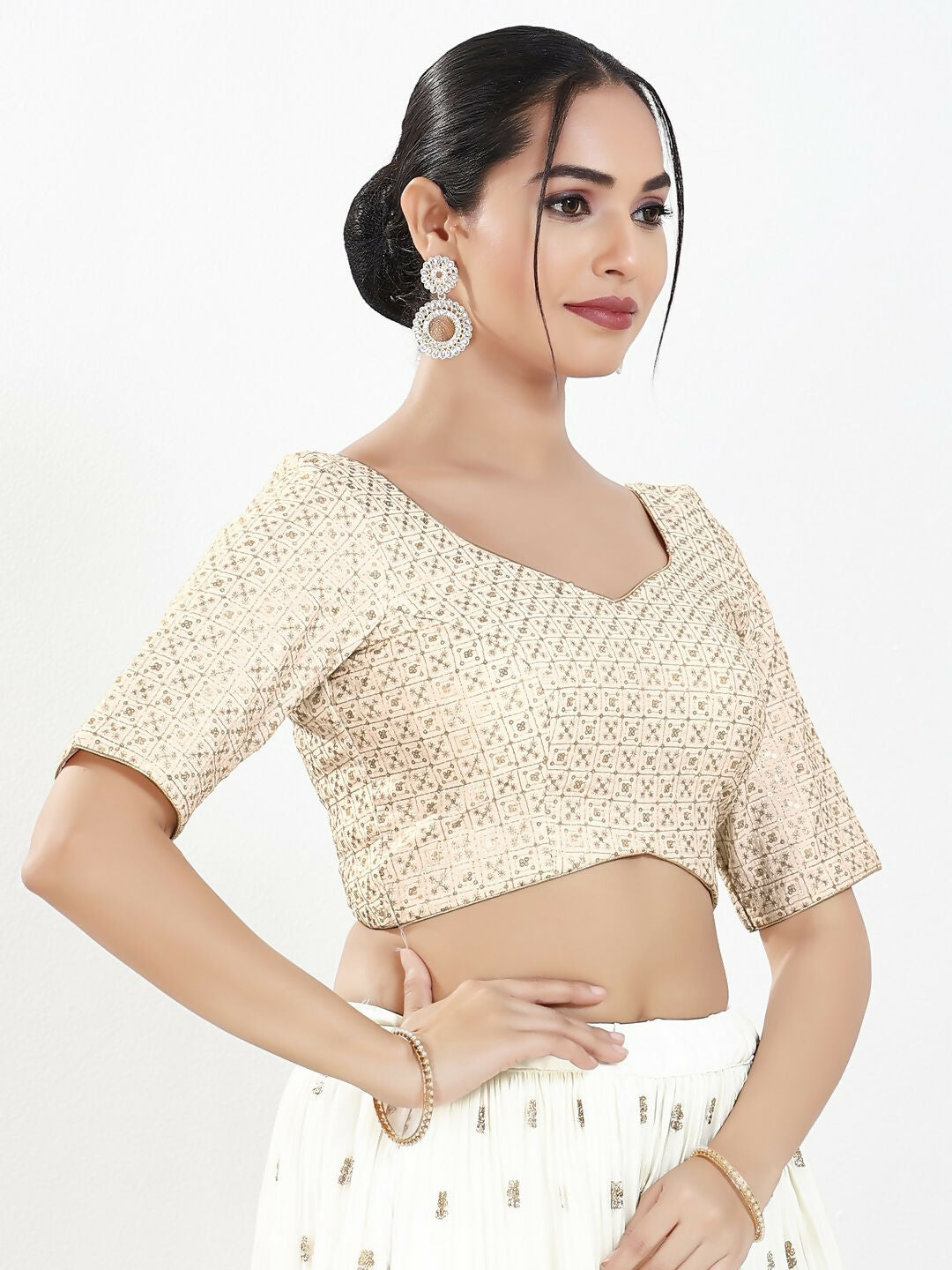 Joban Fashion Off White Silk Padded Blouse With Sweetheart Neck Elbow Sleeves