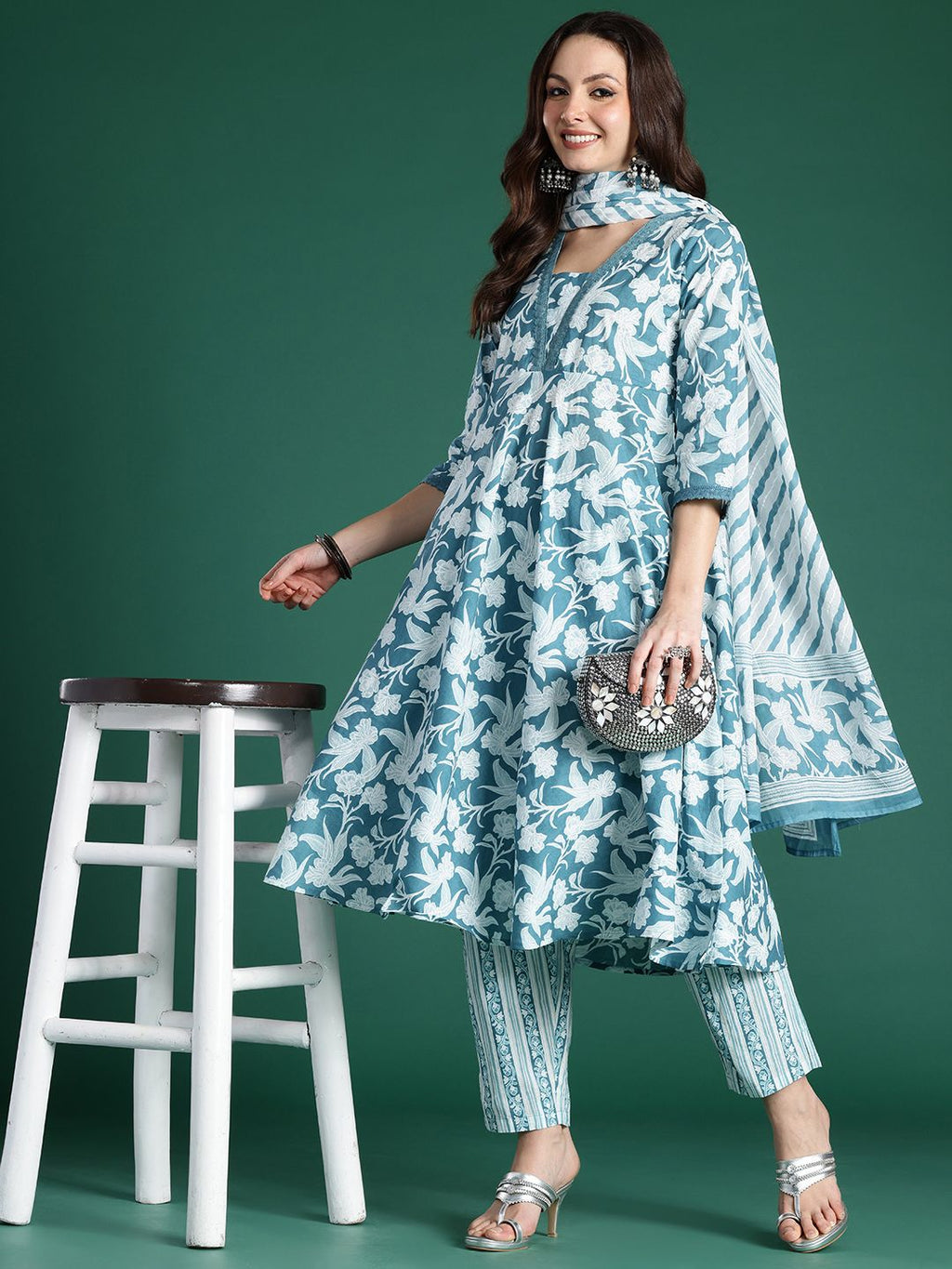 Indo Era Floral Printed Pure Cotton Kurta with Trousers & With Dupatta