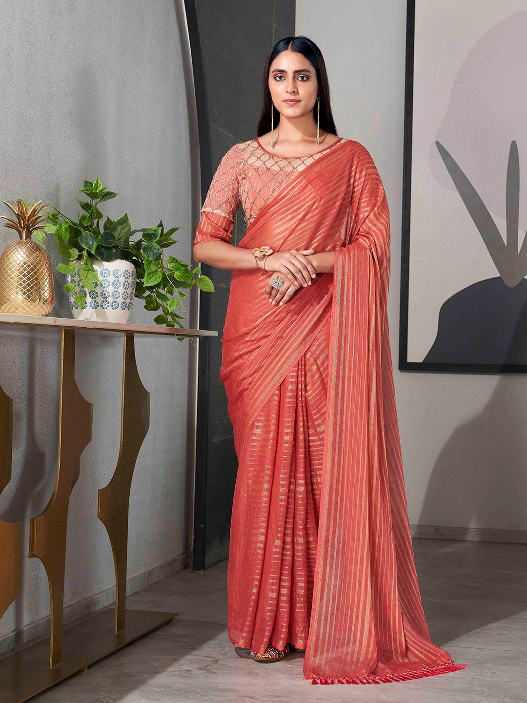 Tikhi Imli Striped Chiffon Ready to Wear Saree