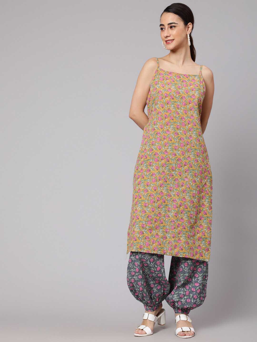 Aks Floral Printed Shoulder Straps Pure Cotton Kurta with Harem Pants