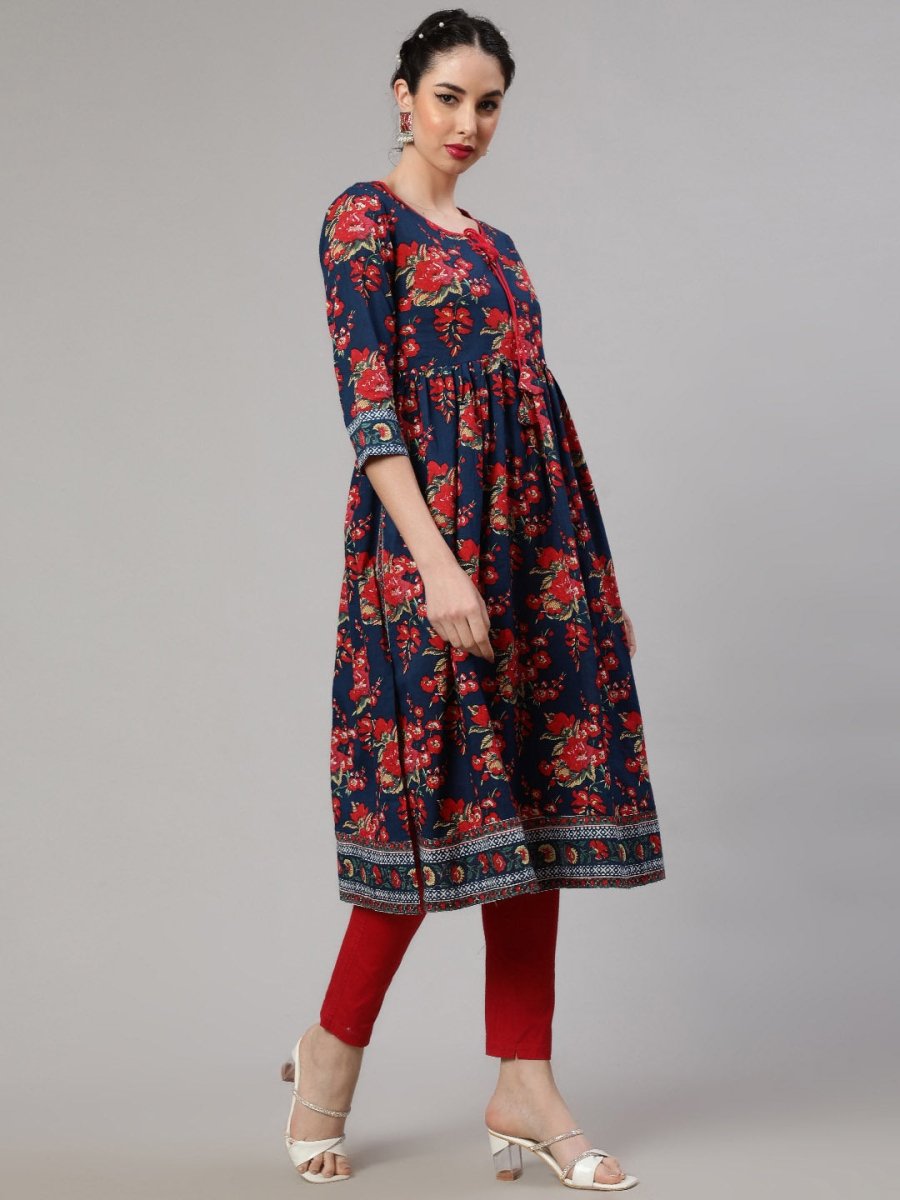 Aks Floral Printed Tie-Up Neck Pleated Cotton A-Line Kurta