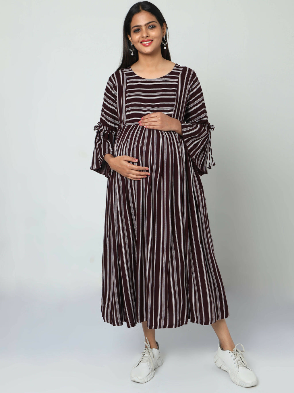 Manet Three Fourth Maternity Dress Striped With Concealed Zipper Nursing Access - Brown