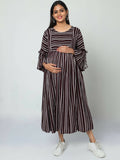 Manet Three Fourth Maternity Dress Striped With Concealed Zipper Nursing Access - Brown