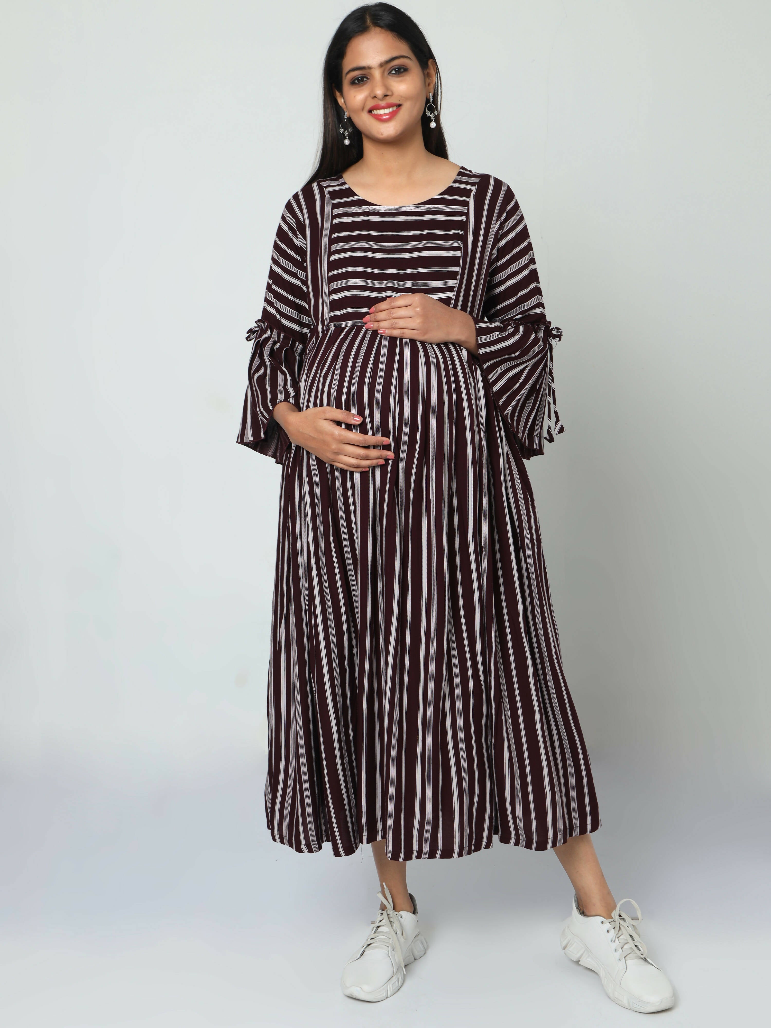 Manet Three Fourth Maternity Dress Striped With Concealed Zipper Nursing Access - Brown