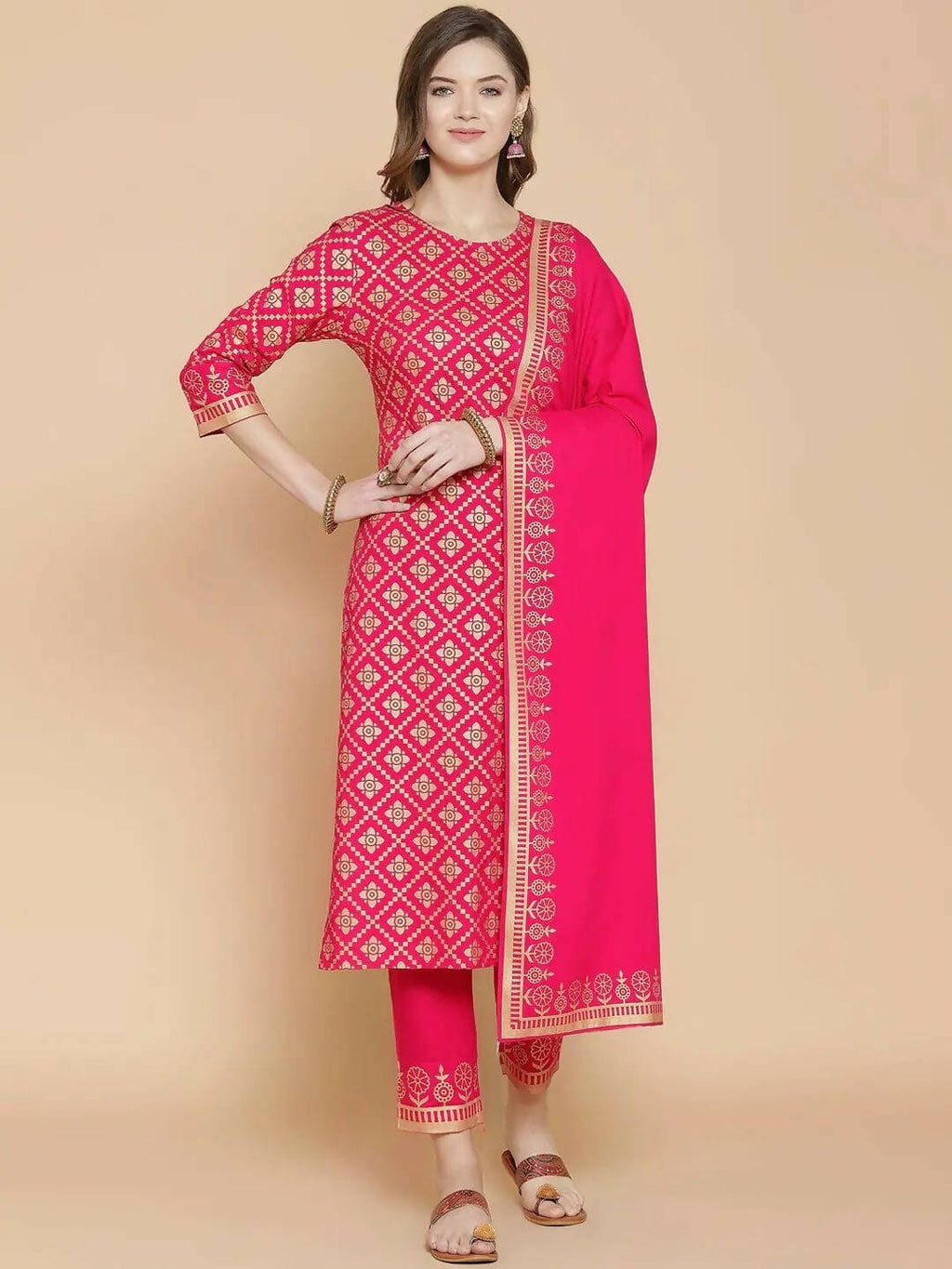 Vamika Foil Print Cotton Pink Party Wear/Casual Wear Kurta Set/Suit