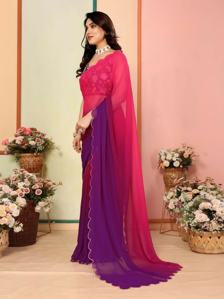 Aafreen Partywear Designer Dark pink & Purple Georgette Fancy Saree