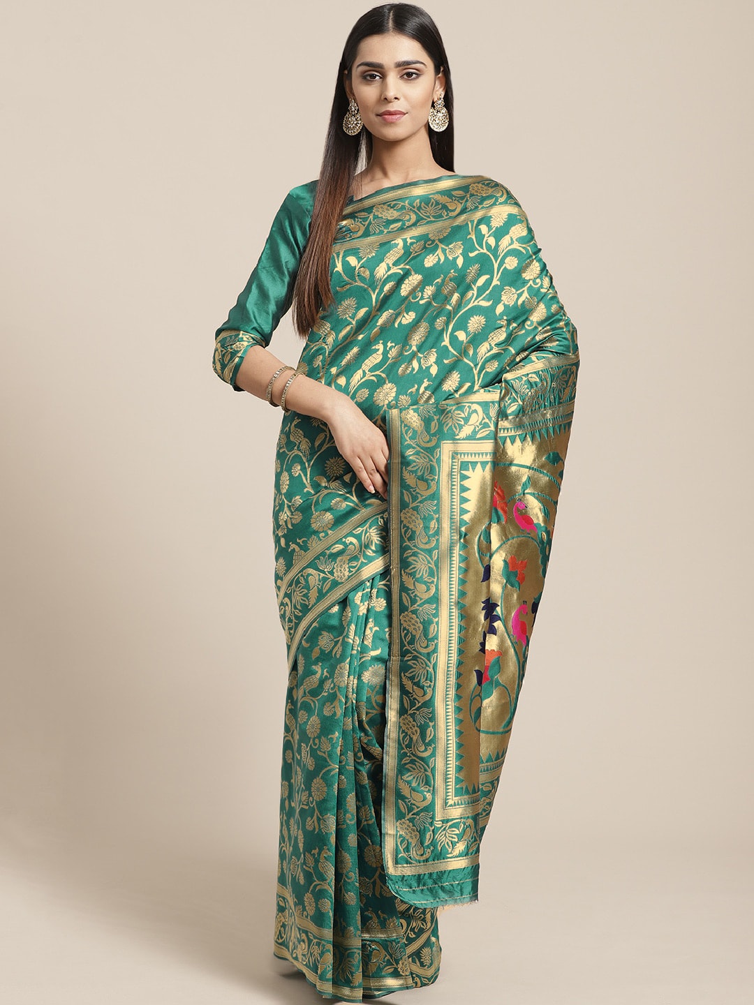 Saree Mall Teal Green & Golden Woven Design Banarasi Saree