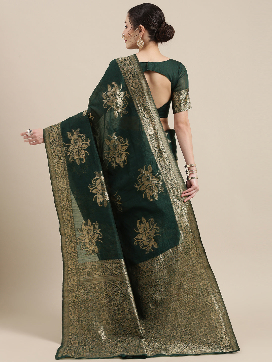 Saree Mall Green Floral Linen Blend Banarasi Saree