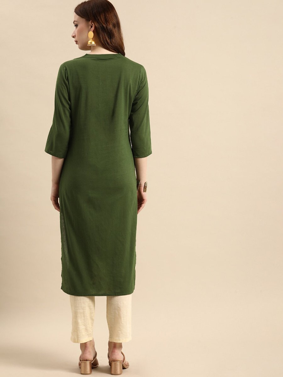 All About You Women Olive Green Geometric Yoke Design Pure Cotton Kurta