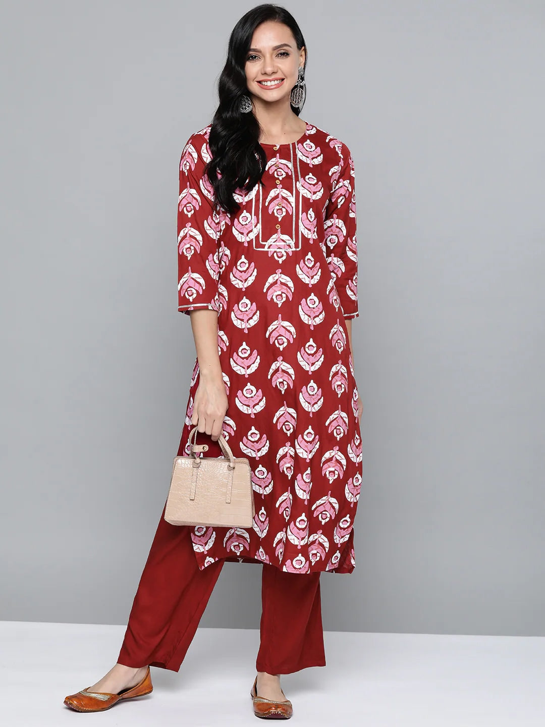 HERE&NOW Women Maroon & Pink Ethnic Motifs Printed Regular Gotta Patti Kurta with Trousers