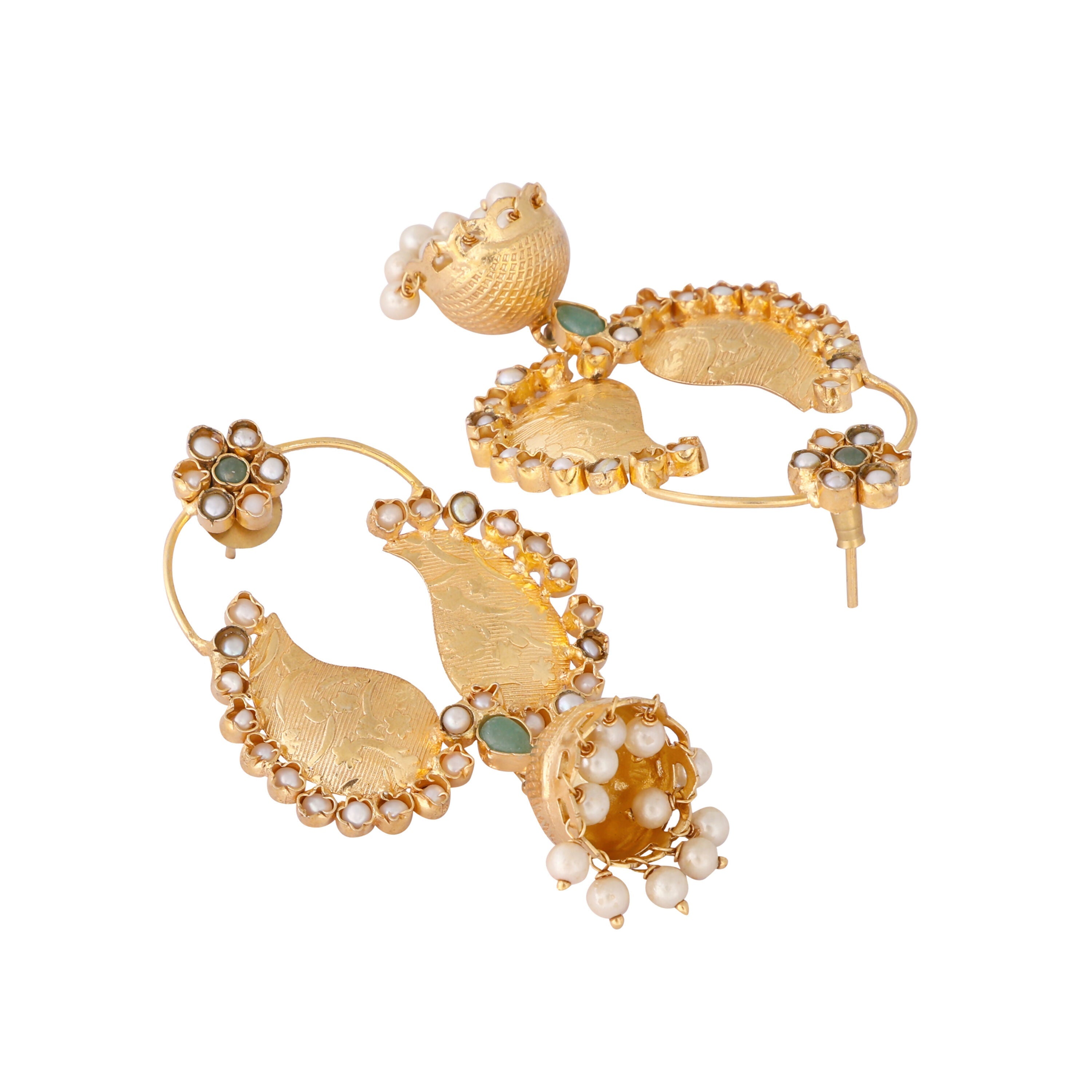 Nuyug 22K Gold Plated Pearls Studded Contemporary Shaped Mini Jhumki Drop Dangler Earrings