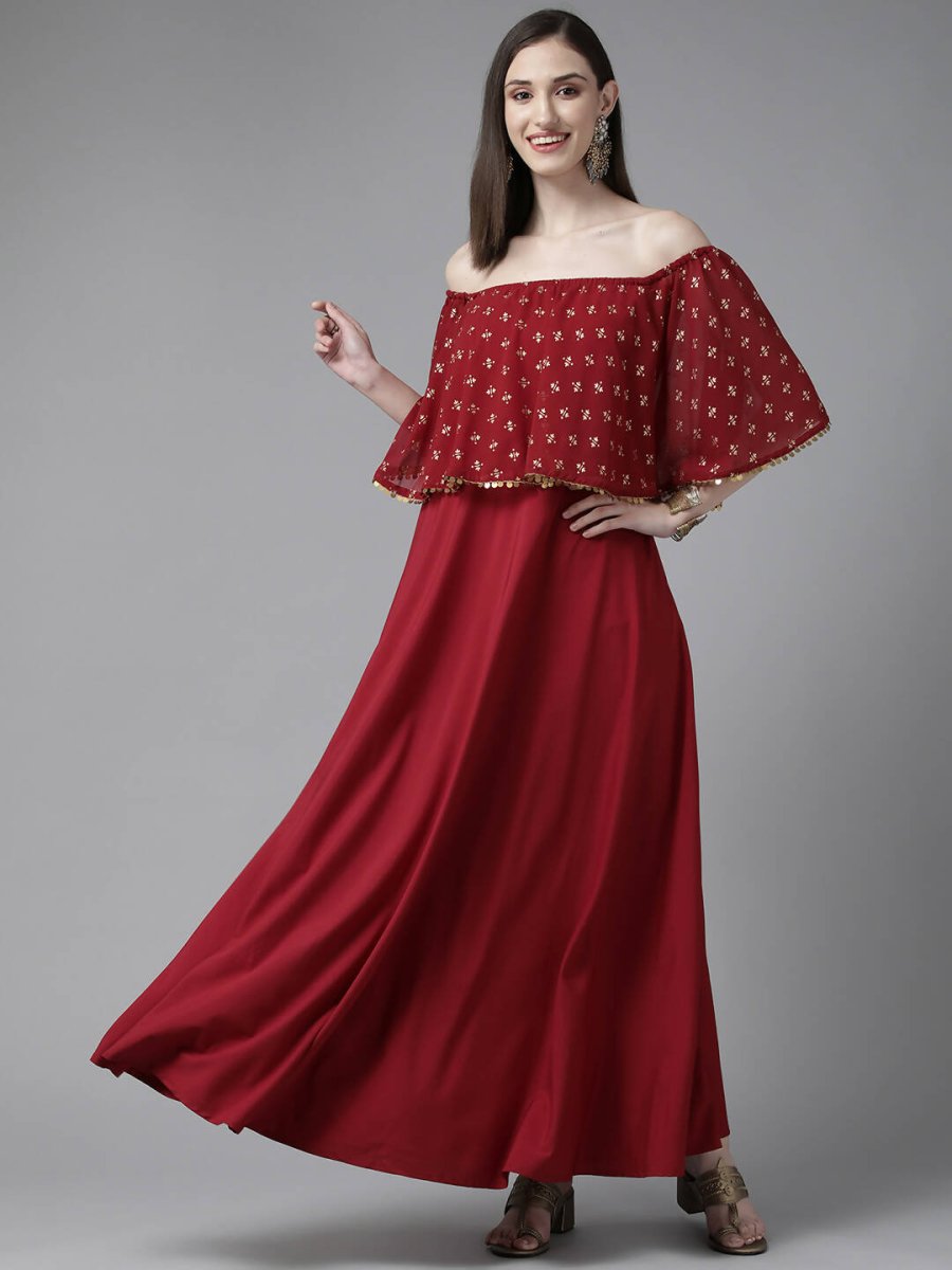 Ahalyaa Womens Maroon Cotton Blend Gold Printed Dress