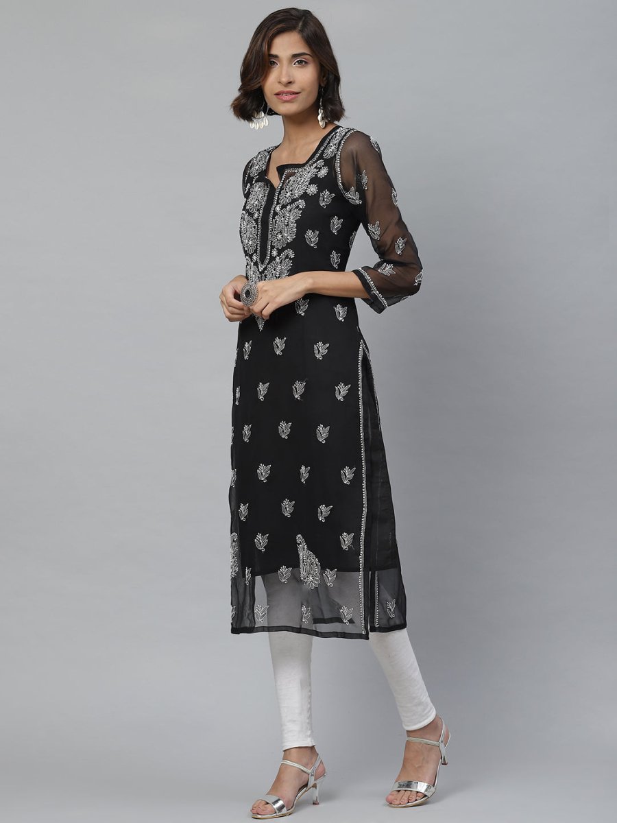 ADA Women Black & White Paisley Chikankari Embroidered Straight Handloom Kurta