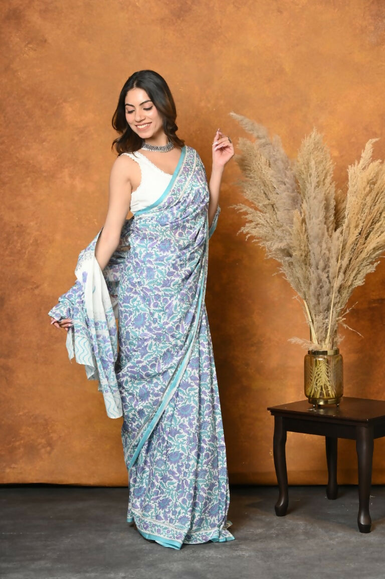 Very Much Indian Handblock Printed Cotton Saree With Natural Dyes - White