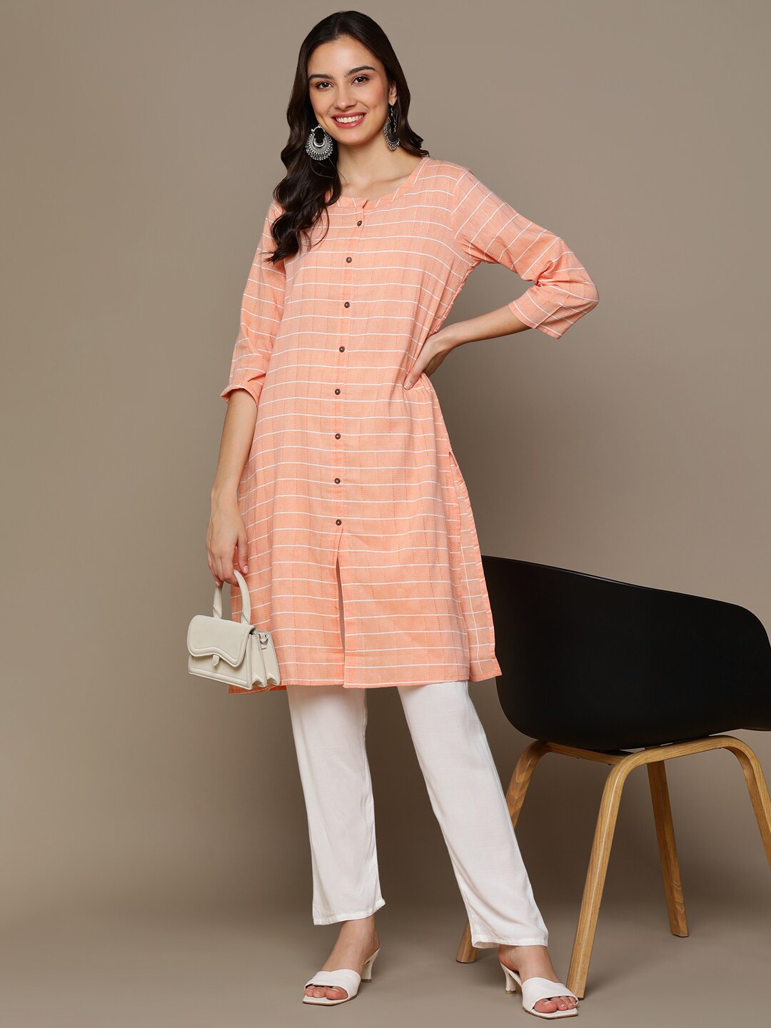 HERE&NOW Orange & White Checked Straight Kurta
