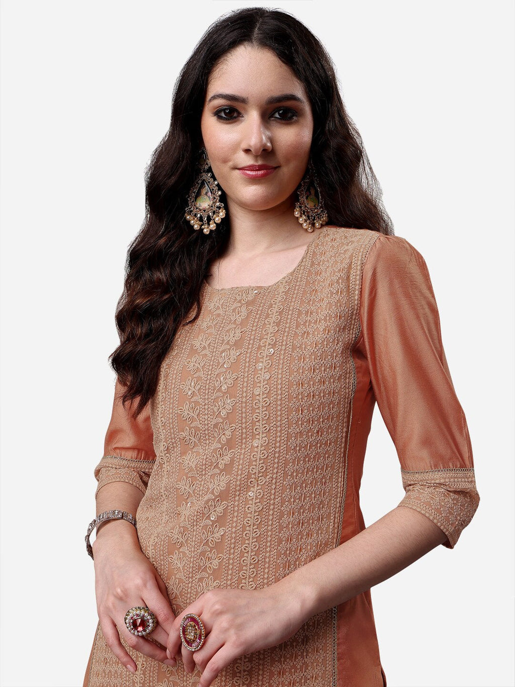 HERE&NOW Lucknowi Chikankari Schiffli Chanderi Silk Kurta Trousers with Organza Dupatta