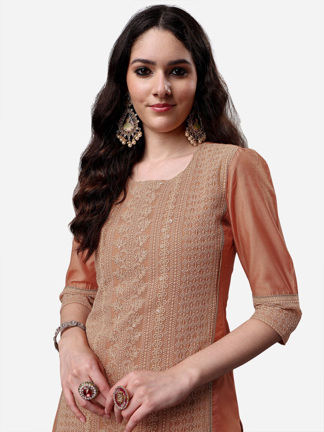 HERE&NOW Lucknowi Chikankari Schiffli Chanderi Silk Kurta Trousers with Organza Dupatta