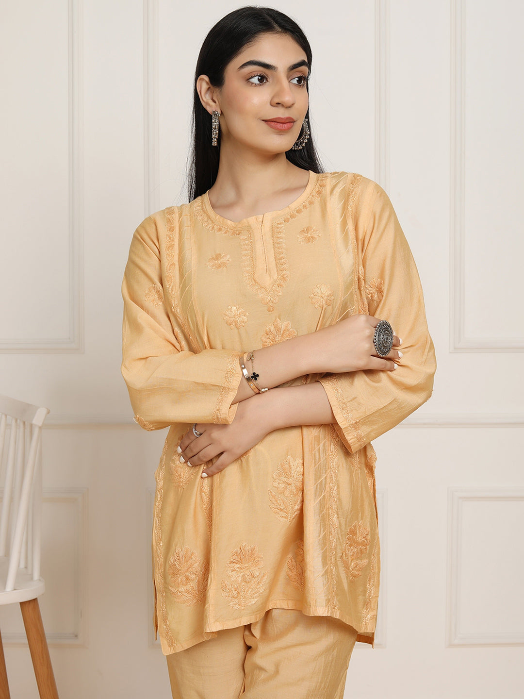 HOUSE OF KARI Floral Embroidered Chikankari Chanderi Silk Straight Kurti with Trousers