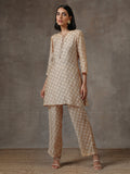 trueBrowns Beige White Printed Silk Co-Ord Set