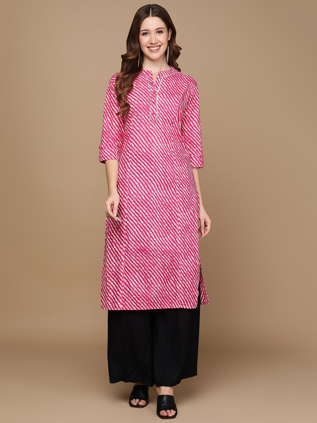 HERE&NOW Pink & White Striped Sequined Straight Cotton Kurta