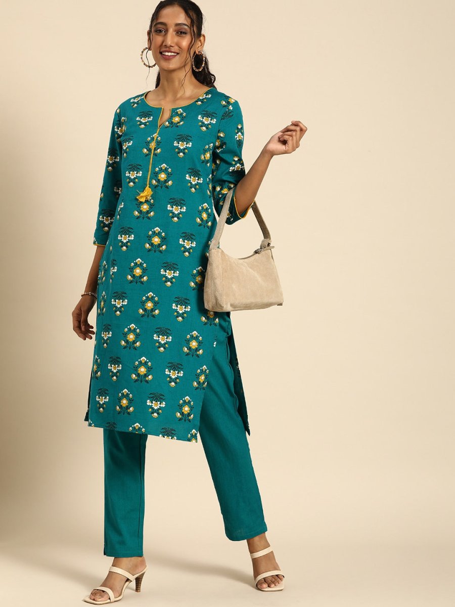 All About You Women Teal Blue Floral Printed Regular Pure Cotton Kurta with Trousers